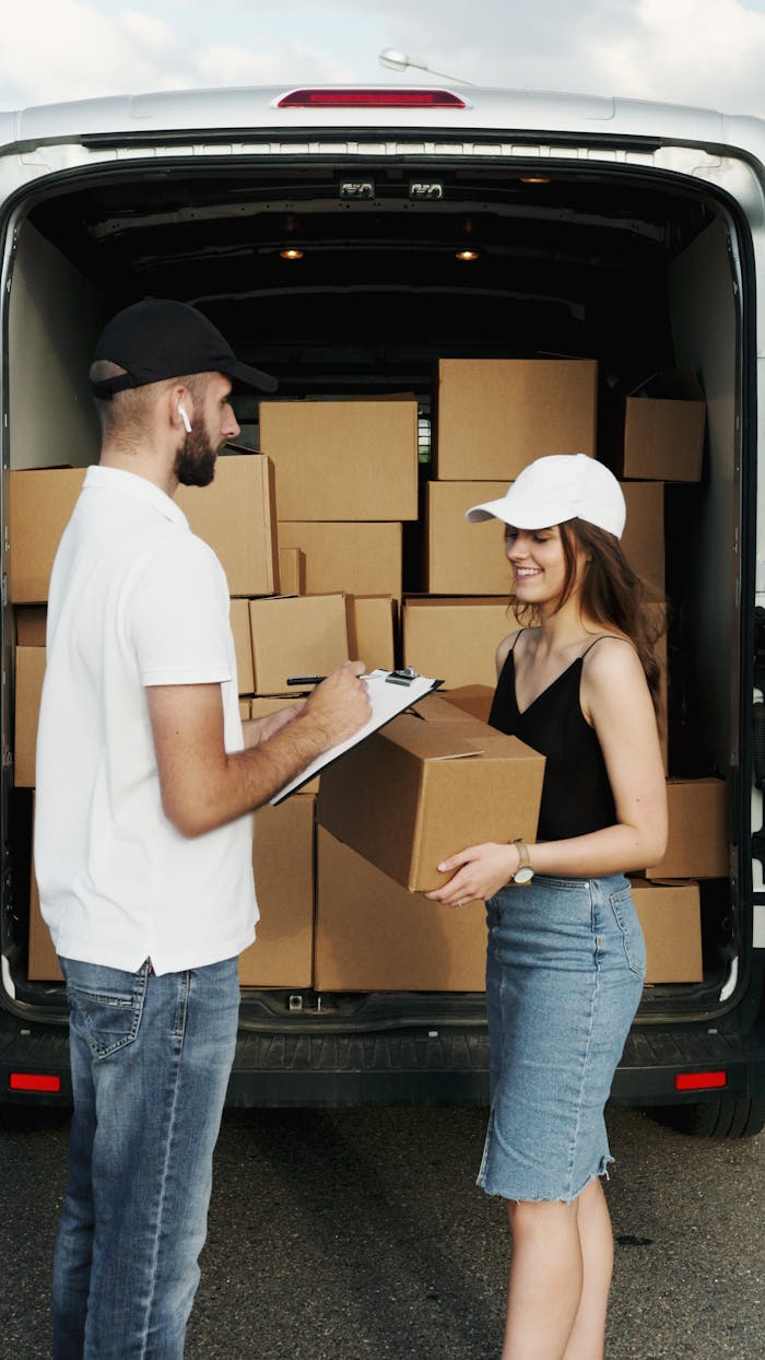 who-we-are A delivery person hands a package to a woman from a van full of parcels outdoors.
