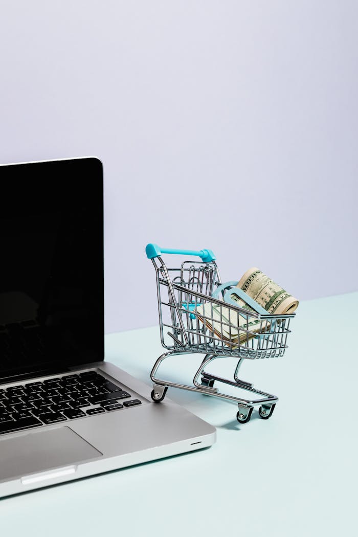 why-choose-us Mini shopping cart with rolled cash next to a laptop, representing online shopping.