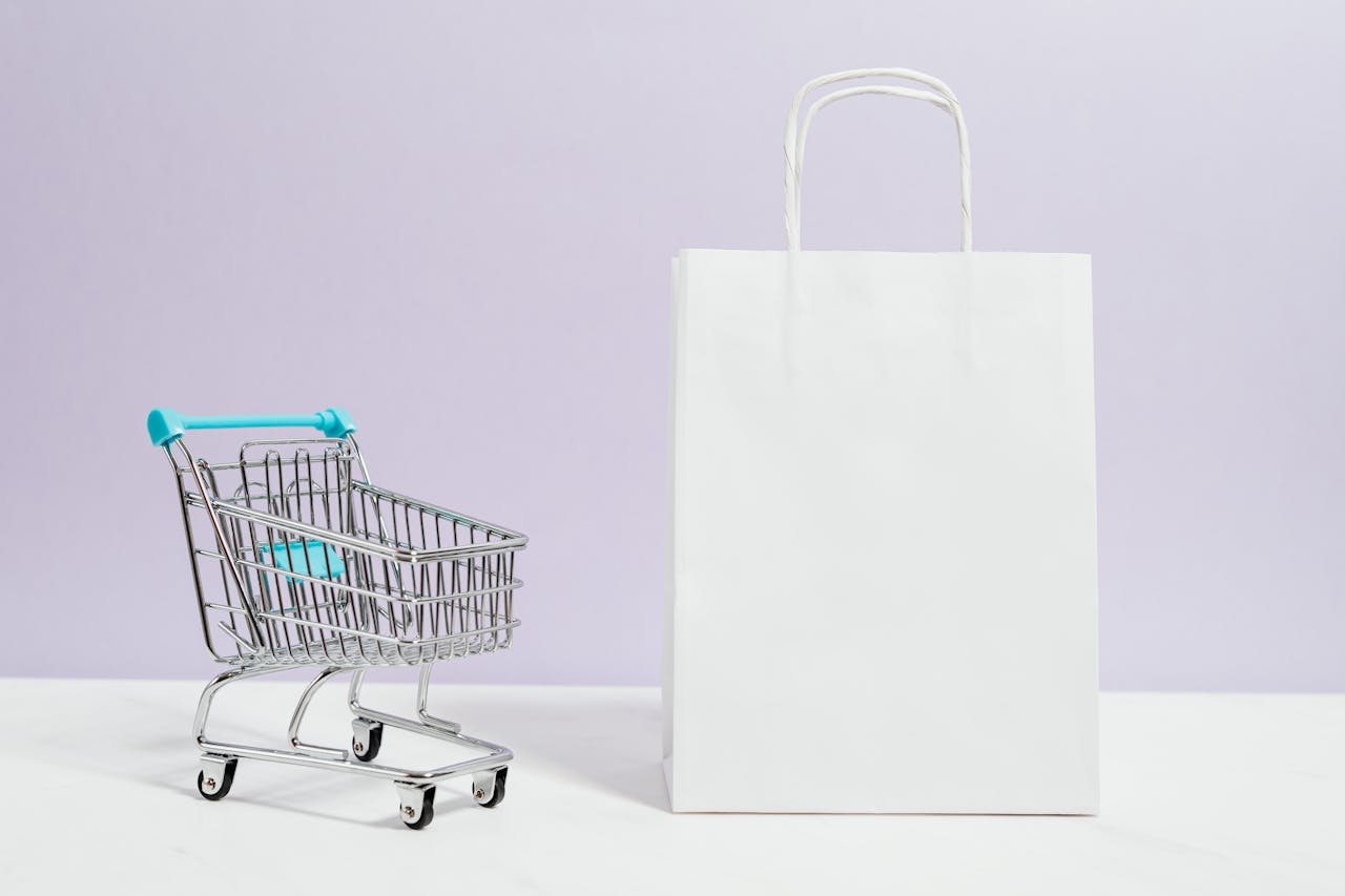 services-03 Minimalist image of a white shopping bag and mini cart on a soft pastel background.